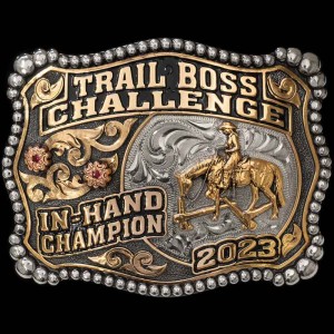 A custom rodeo belt buckle trophy for SWD 4H Rodeo Tie Down Grand Champion featuring a calf roping cowboy figure 